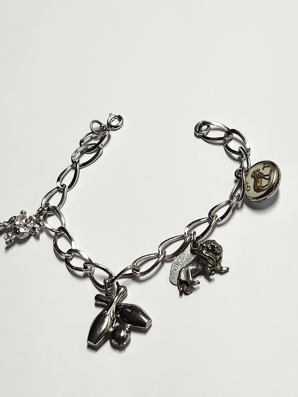 Charm Bracelet With 2 Sterling Silver Charms Poodle, Lion, Bowling Pins, Aries